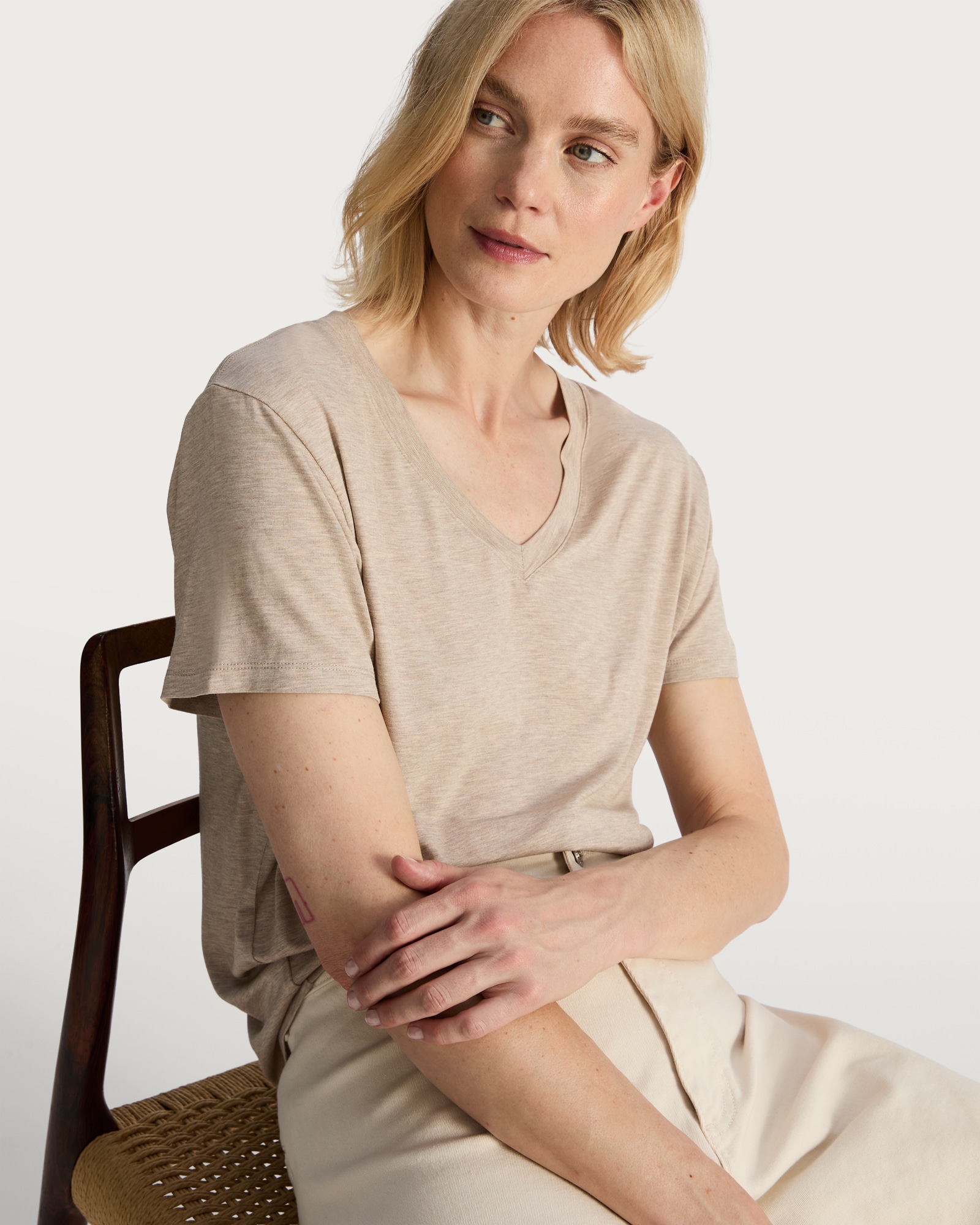 F&F V Neck Short Sleeved T-Shirt in Neutral