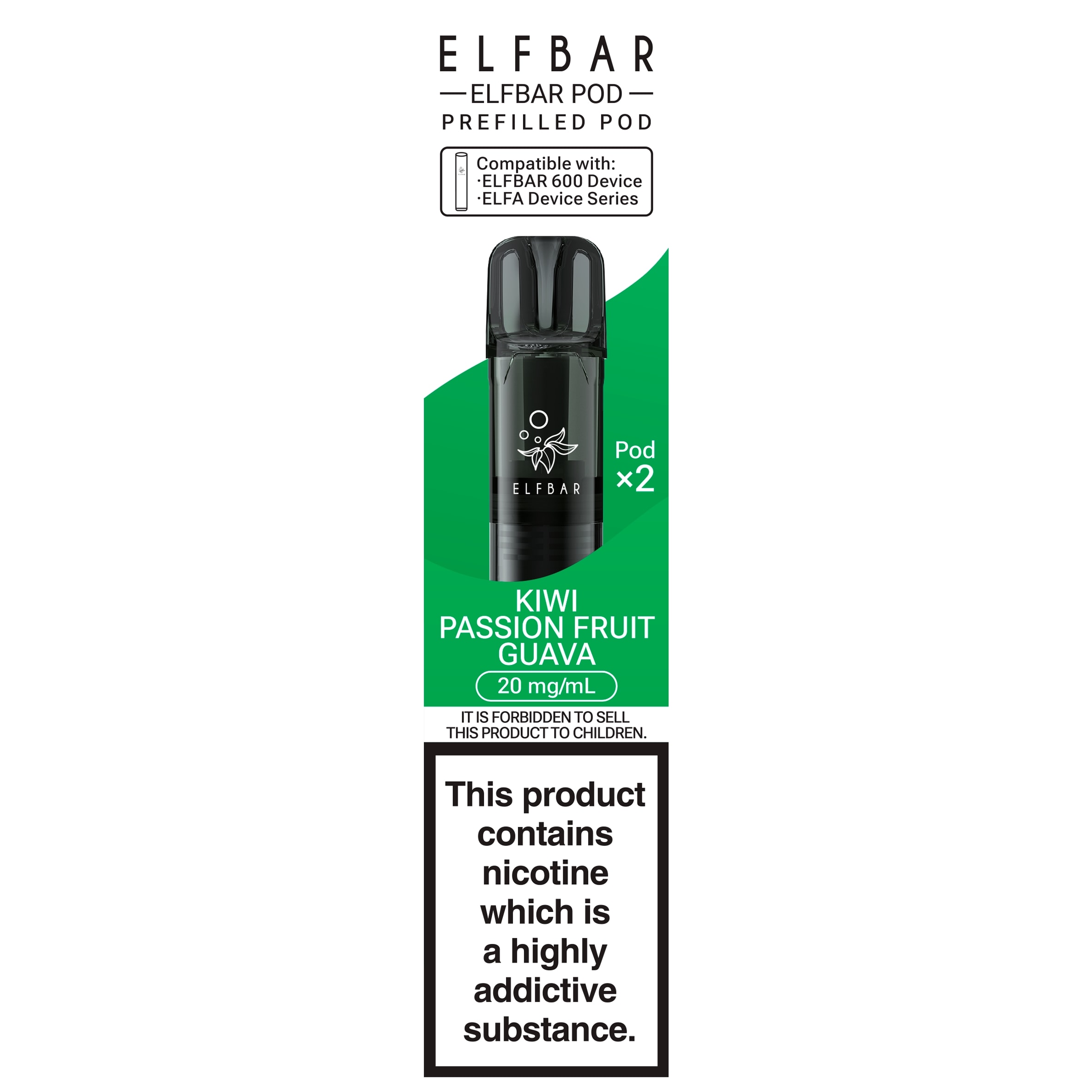 Elf Bar 600 Refillable Pod Kiwi Passionfruit Guava 20mg/ml 2 x 2ml