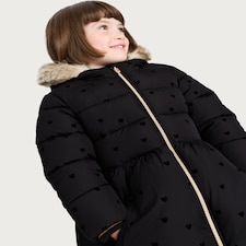 F&F Girls Heart Print Faux Fur Hooded Puffer Coat in Black