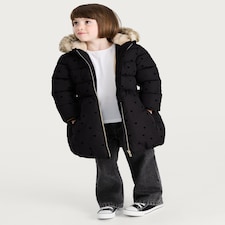 F&F Girls Heart Print Faux Fur Hooded Puffer Coat in Black thumbnail 2