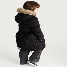 F&F Girls Heart Print Faux Fur Hooded Puffer Coat in Black thumbnail 3