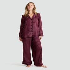 F&F CoolEase™ Satin Stripe Print Shirt and Trousers Pyjamas in Purple thumbnail 2