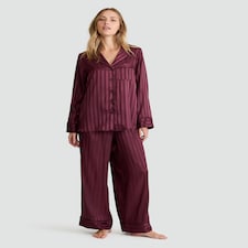 F&F CoolEase™ Satin Stripe Print Shirt and Bottoms Pyjamas in Purple thumbnail 2