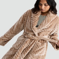 F&F Fleece Textured Striped Dressing Gown in Camel