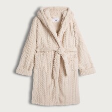 F&F Fleece Cable Knit Hooded Dressing Gown in Cream thumbnail 4