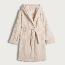 F&F Fleece Cable Knit Hooded Dressing Gown in Cream thumbnail 4