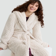 F&F Fleece Cable Knit Hooded Dressing Gown in Cream