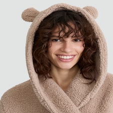 F&F Fleece Textured Hooded Bear Ear Dressing Gown in Brown thumbnail 2