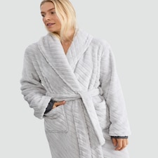 F&F Fleece Textured Striped Dressing Gown in Grey
