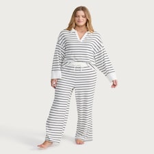 F&F Stripe Print Rugby Shirt and Bottoms Pyjama Set in Cream thumbnail 2
