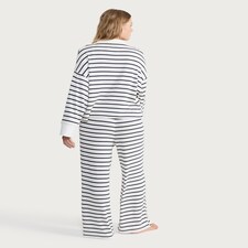 F&F Stripe Print Rugby Shirt and Bottoms Pyjama Set in Cream thumbnail 3