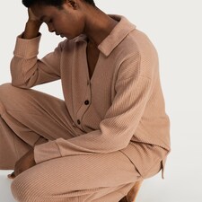 F&F Ribbed Revere Button Up Pyjama Set in Med Nude thumbnail 2