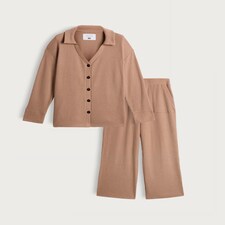 F&F Ribbed Revere Button Up Pyjama Set in Med Nude thumbnail 4