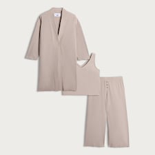 F&F 3-Piece Waffle Textured Vest, Bottoms and Cardigan Pyjamas in Neutral thumbnail 4