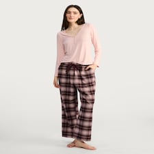 F&F Ribbed Flannel Henley Top and Check Pyjama Set in Multi Pink