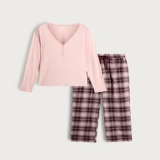 F&F Ribbed Flannel Henley Top and Check Pyjama Set in Multi Pink thumbnail 5