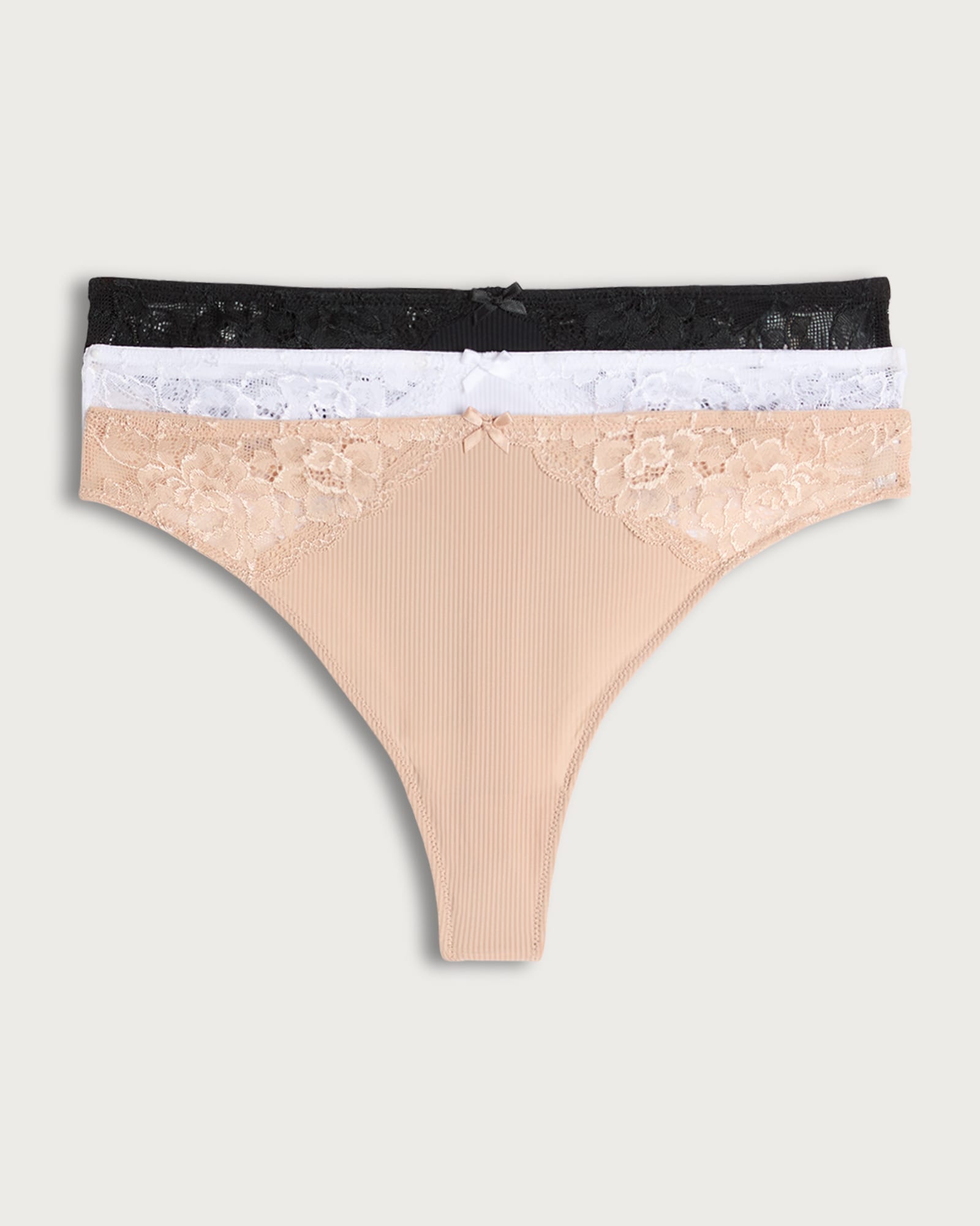 F&F 3-Pack Ribbed Lace Trim Thongs in Black thumbnail 2