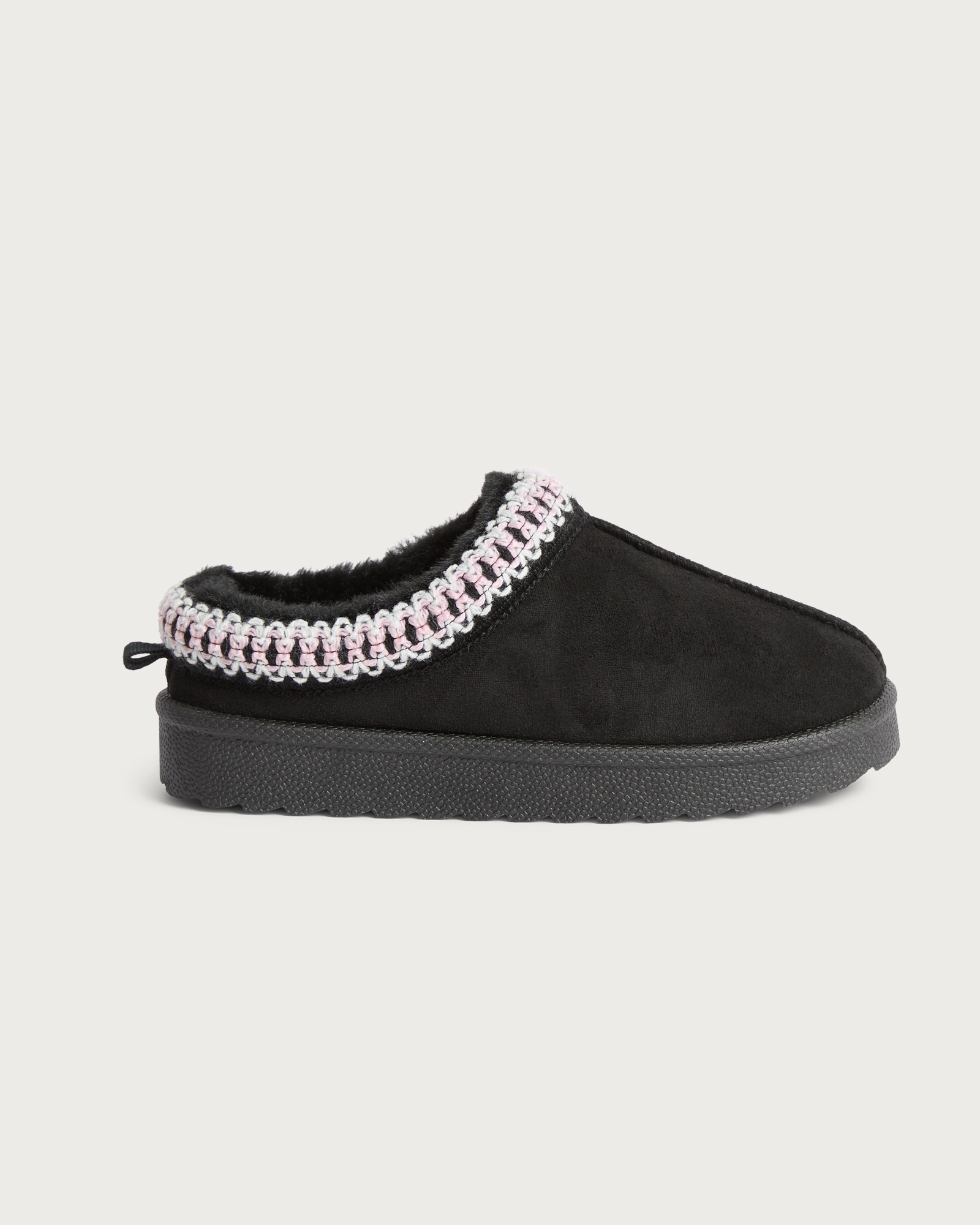 F&F Girls Woven Trim Faux Fur Lined Chunky Slippers in Black