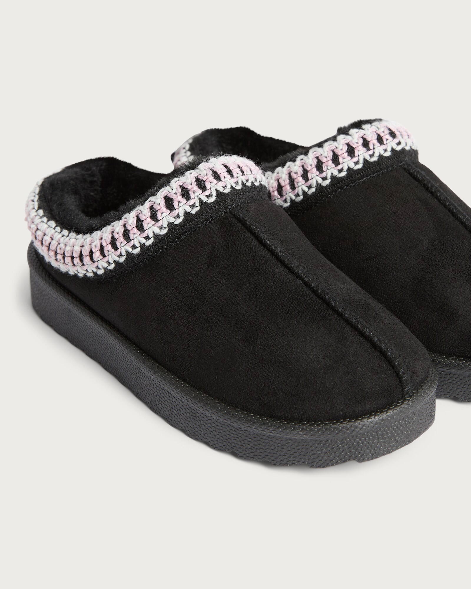 F&F Girls Woven Trim Faux Fur Lined Chunky Slippers in Black thumbnail 3