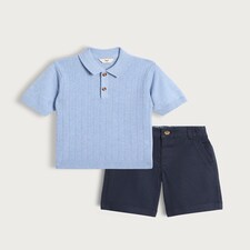 F&F x Samantha Faiers Cotton Rich Cable Knit Polo Shirt and Shorts Set in Blue thumbnail 4