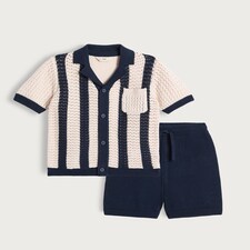 F&F x Samantha Faiers Pure Cotton Striped Knitted Shirt and Shorts Set in Navy thumbnail 5