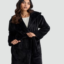 F&F Fleece Hooded Dressing Gown in Black