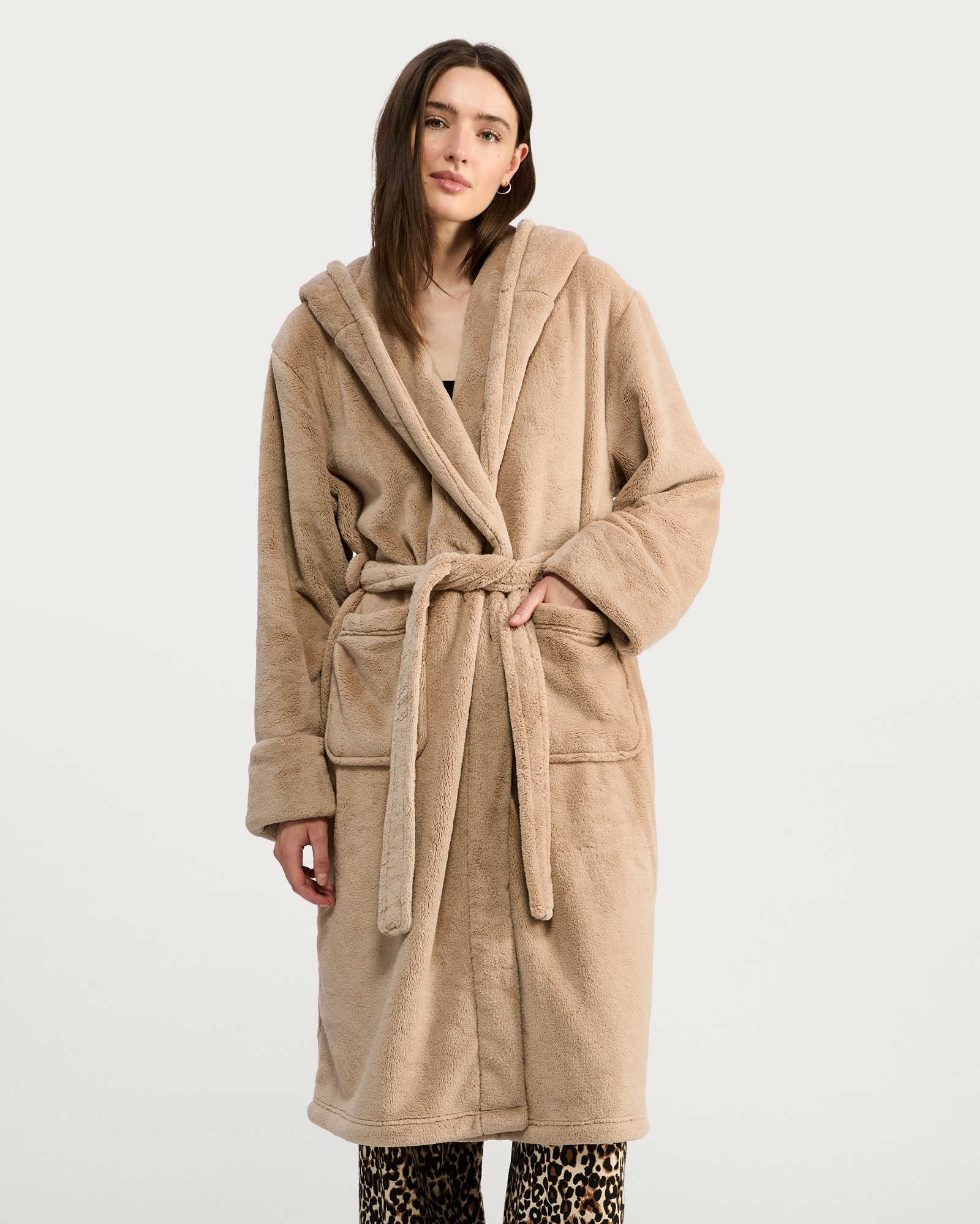 F&F Fleece Hooded Dressing Gown in Cream