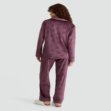 F&F Fleece Textured Bow Print Shirt and Trousers Revere Pyjama Set in Purple thumbnail 3