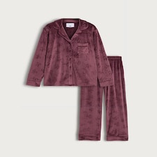 F&F Fleece Textured Bow Print Shirt and Trousers Revere Pyjama Set in Purple thumbnail 4