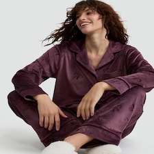 F&F Fleece Textured Bow Print Shirt and Trousers Revere Pyjama Set in Purple