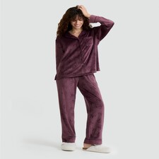 F&F Fleece Textured Bow Print Shirt and Trousers Revere Pyjama Set in Purple thumbnail 2