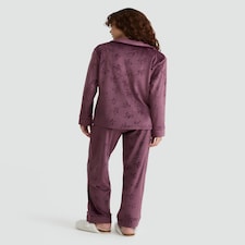 F&F Fleece Textured Bow Print Shirt and Trousers Revere Pyjama Set in Purple thumbnail 3
