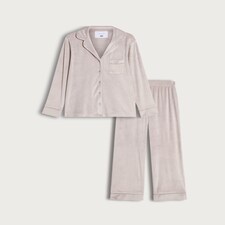 F&F Fleece Textured Shirt and Bottoms Pyjama Set in Purple thumbnail 4