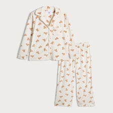 F&F Fleece Teddy Bear Print Revere Pyjama Set in Cream thumbnail 4