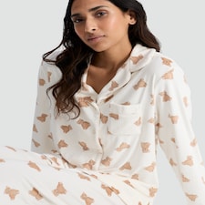 F&F Fleece Teddy Bear Print Revere Pyjama Set in Cream