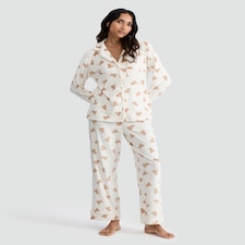 F&F Fleece Teddy Bear Print Revere Pyjama Set in Cream thumbnail 2