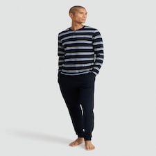 F&F Pure Cotton Stripe Print Henley Top and Joggers Pyjamas in Navy
