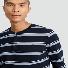 F&F Pure Cotton Stripe Print Henley Top and Joggers Pyjamas in Navy thumbnail 2