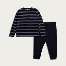 F&F Pure Cotton Stripe Print Henley Top and Joggers Pyjamas in Navy thumbnail 4