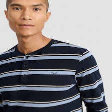 F&F Pure Cotton Stripe Print Henley Top and Joggers Pyjamas in Navy thumbnail 2