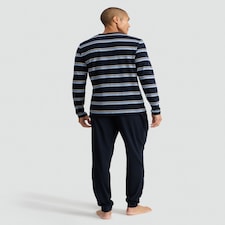 F&F Pure Cotton Stripe Print Henley Top and Joggers Pyjamas in Navy thumbnail 3
