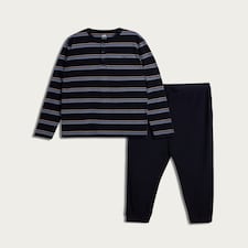 F&F Pure Cotton Stripe Print Henley Top and Joggers Pyjamas in Navy thumbnail 4