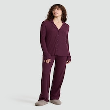 F&F CoolEase™ Ribbed Wide Leg Button Up Revere Pyjama Set in Purple