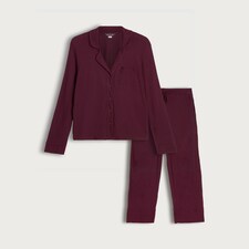 F&F CoolEase™ Ribbed Wide Leg Button Up Revere Pyjama Set in Purple thumbnail 4