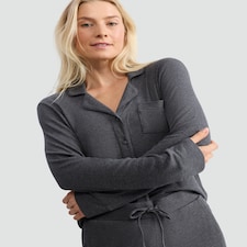 F&F CoolEase™ Ribbed Button Up Shirt and Bottoms Pyjama Set in Grey thumbnail 2