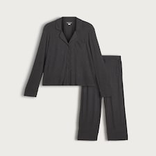 F&F CoolEase™ Ribbed Button Up Shirt and Bottoms Pyjama Set in Grey thumbnail 4