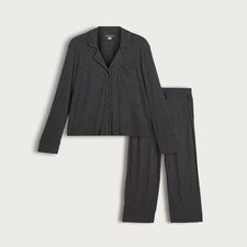 F&F CoolEase™ Ribbed Button Up Shirt and Bottoms Pyjama Set in Grey thumbnail 4