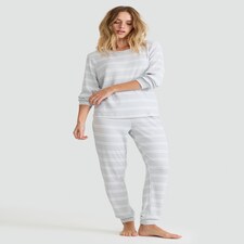 F&F Ribbed Stripe Print Long Sleeved Top and Joggers Pyjamas in Grey thumbnail 2