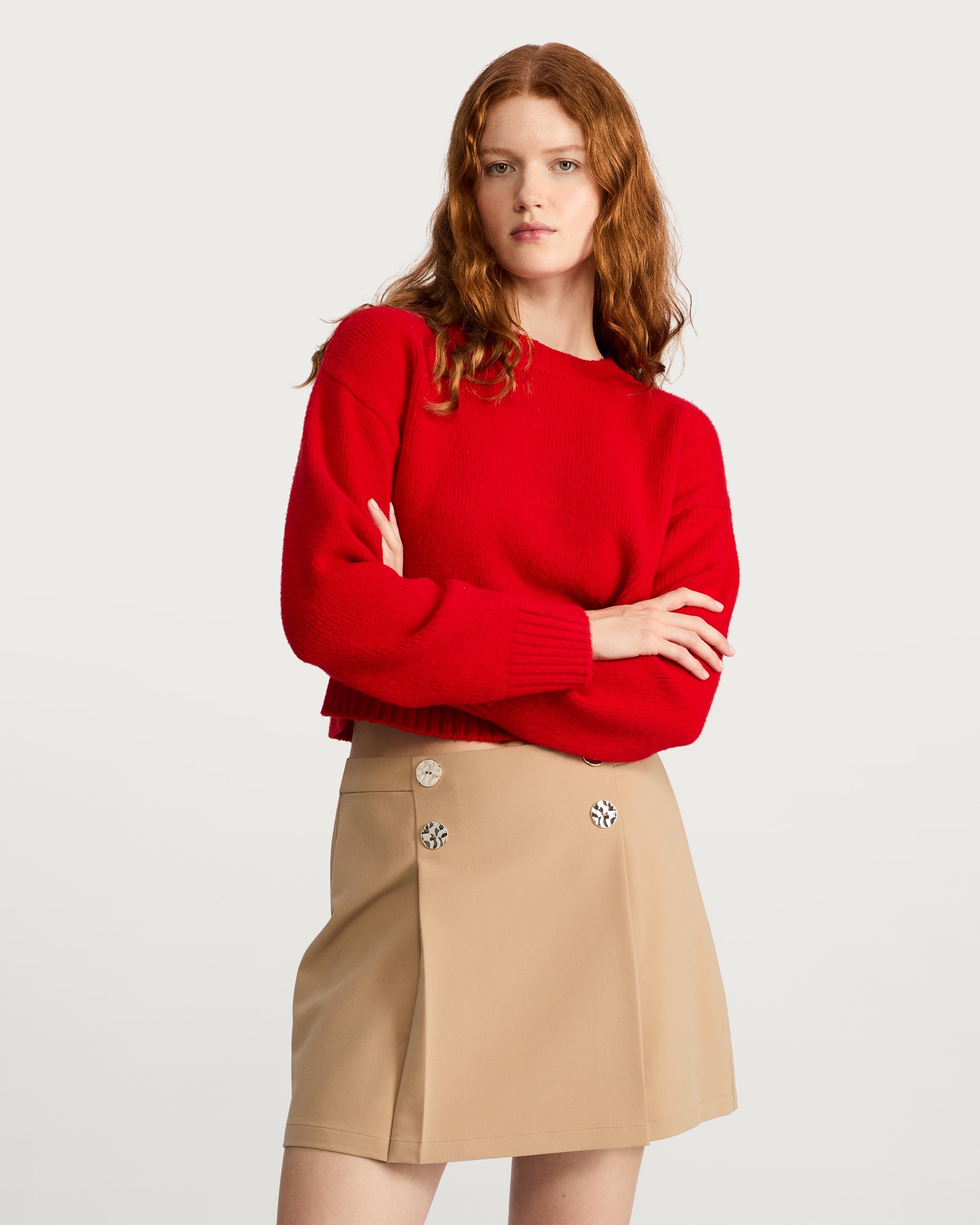 The F&F Edit Double Button Pleated Mini Skirt in Brown