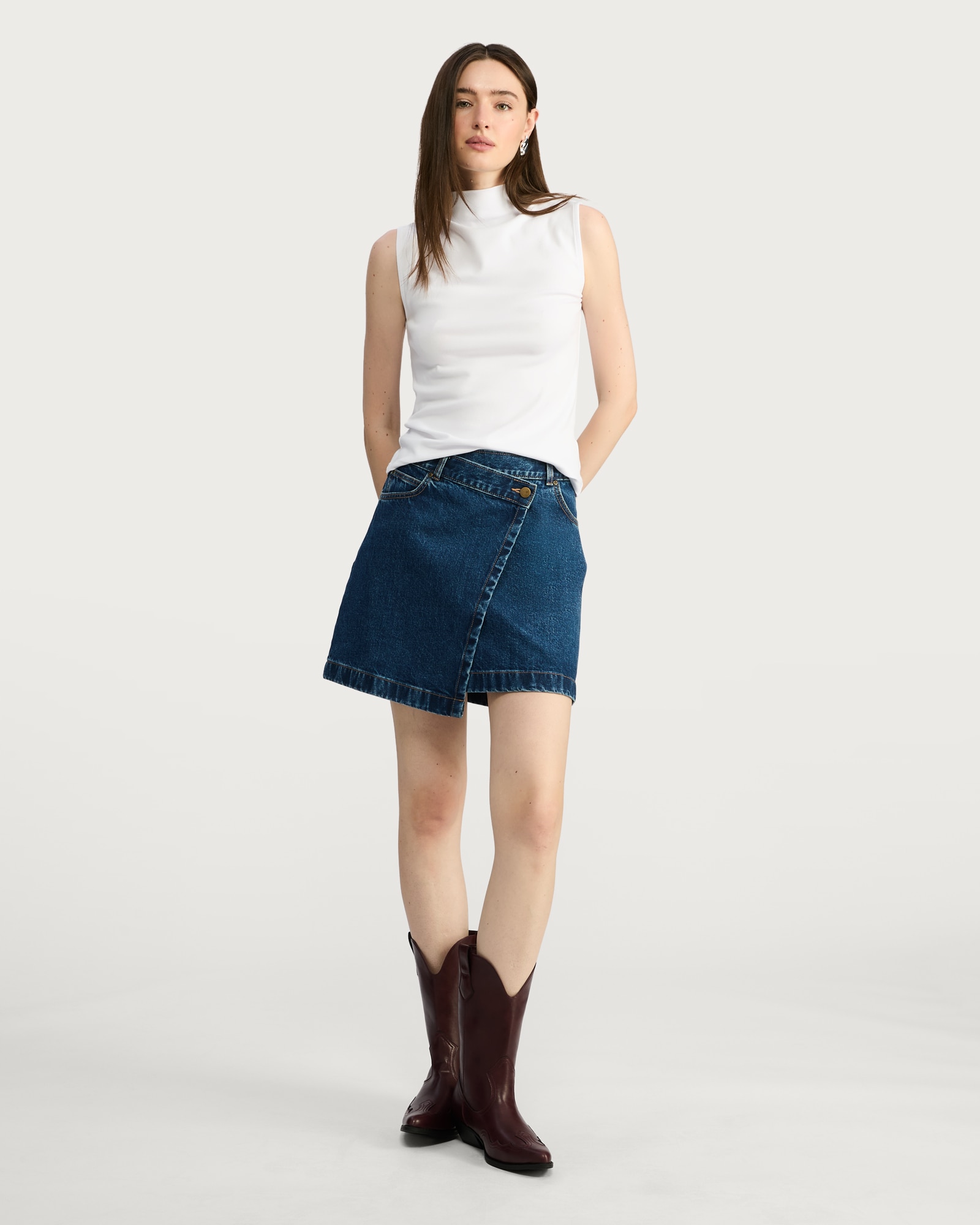 F&F Pure Cotton Denim Wrap Mini Skirt in Navy